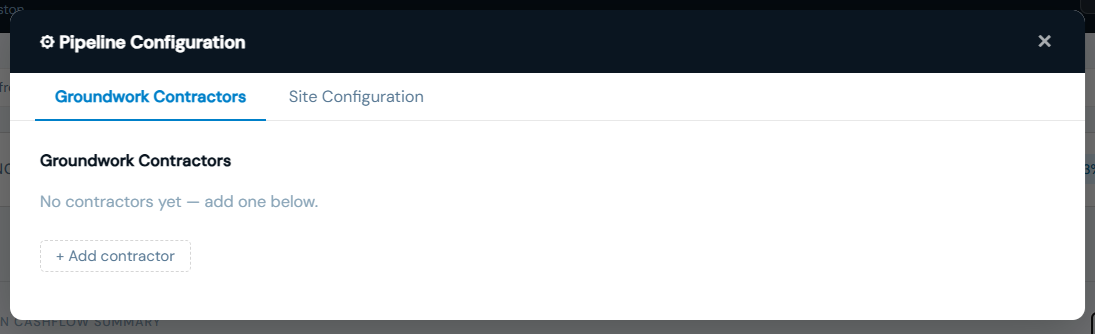 Admin panel open showing Groundwork Contractors and Site Configuration tabs