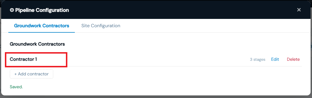 Groundwork Contractors tab showing an existing contractor with payment stages