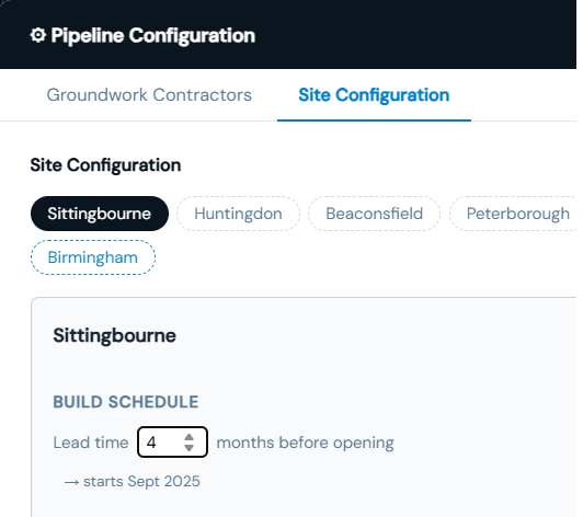 Build Schedule section showing lead time input and construction start preview